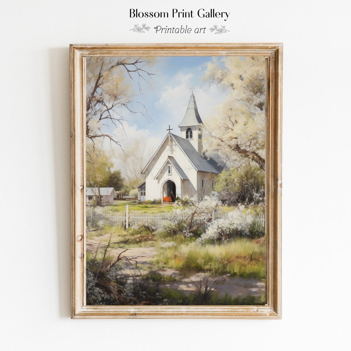 White Country Church in Spring Bloom with Picket Fence Poster