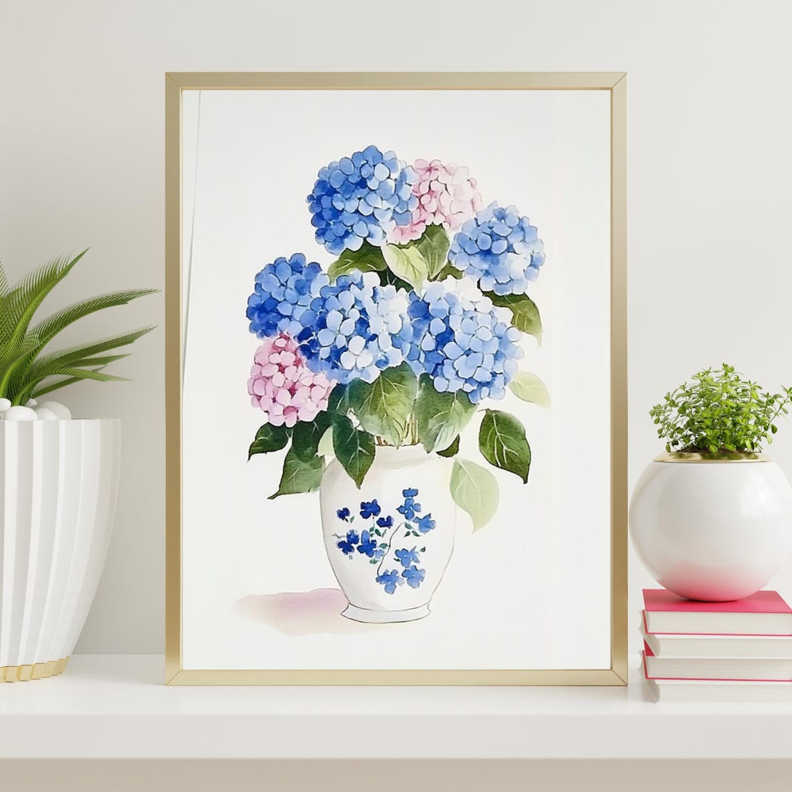 Blue And Pink Hydrangeas White Vase Watercolor Floral Poster - Image 2