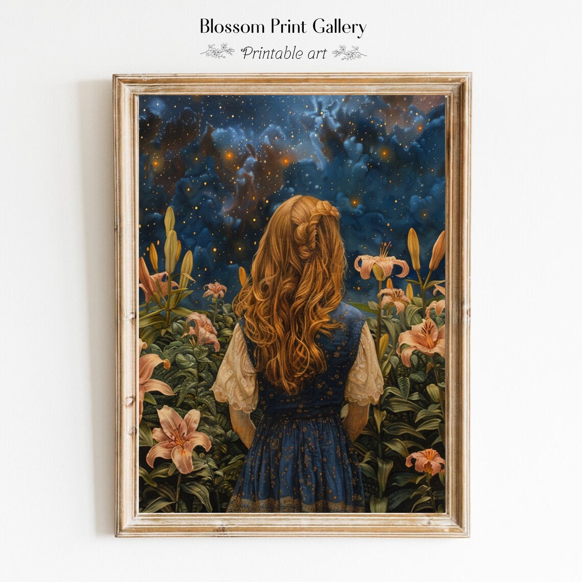 Dreamy Red Haired Girl Among Lilies Under Starry Night Poster