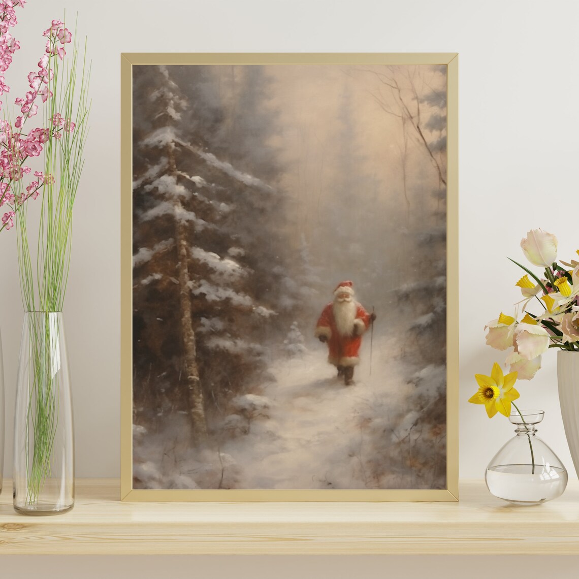 Santa Walking Through Snowy Winter Forest Vintage Christmas Poster - Image 4