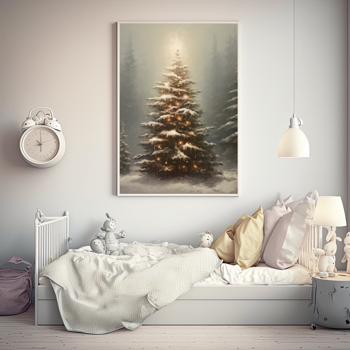 Snowy Pine Tree with Warm Lights Vintage Winter Landscape Poster - Image 5