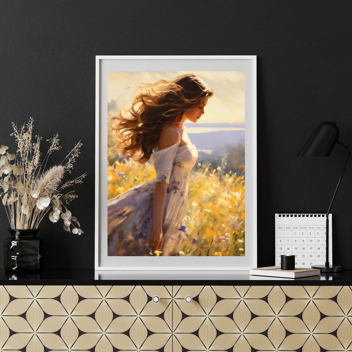 Woman Flowing Dress Golden Wildflower Meadow Sunset Painting Poster - Image 6