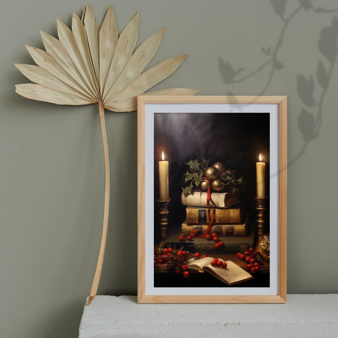 Candlelit Books Holly Berries Christmas Still Life Painting Poster - Image 5
