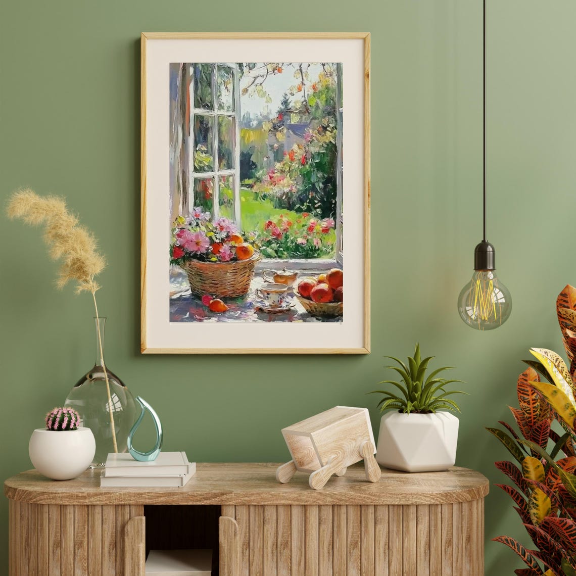 Basket Of Pink Flowers And Apples On A Sunny Windowsill Print - Image 3