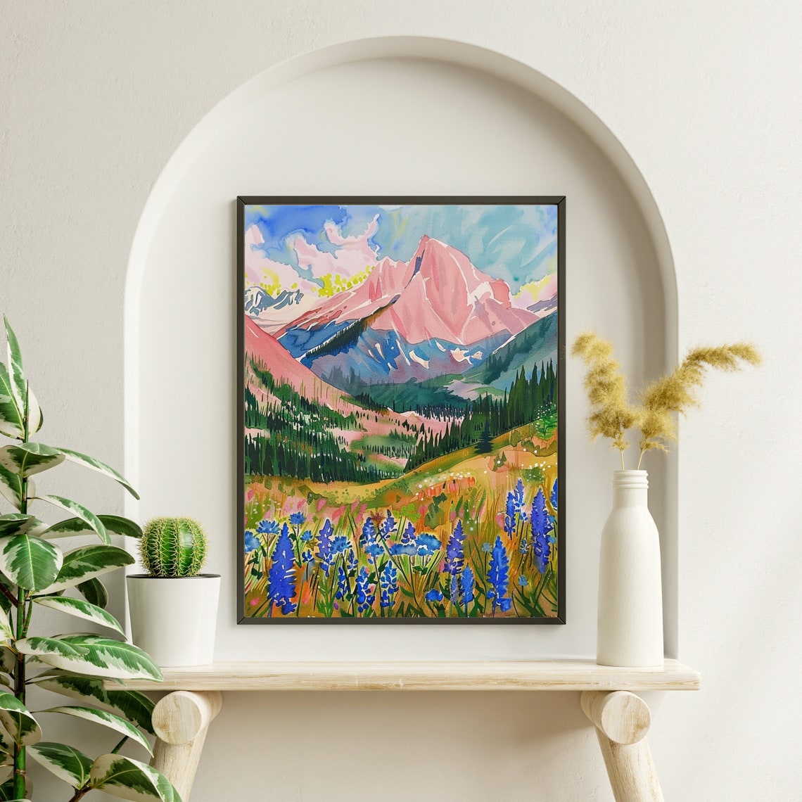 Pink Alpine Peak Above a Blue Lupine Meadow Watercolor Poster - Image 3