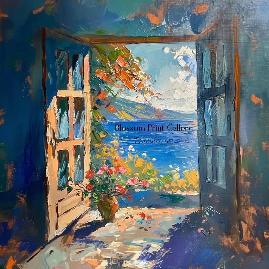 Mediterranean Sea View Through Open Windows Oil Painting Poster - Image 4