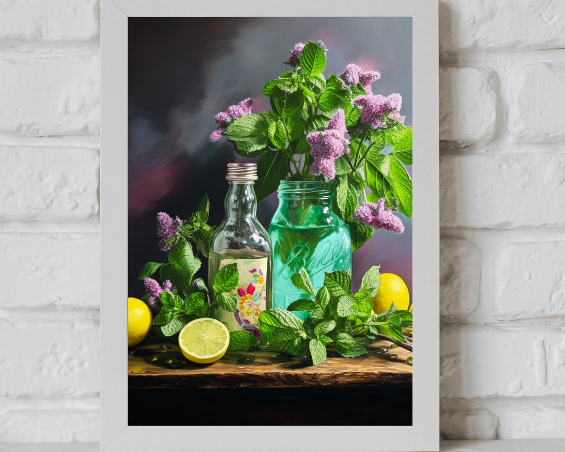 Green Glass Bottle with Lemons and Pink Flowers Still Life Poster - Image 6