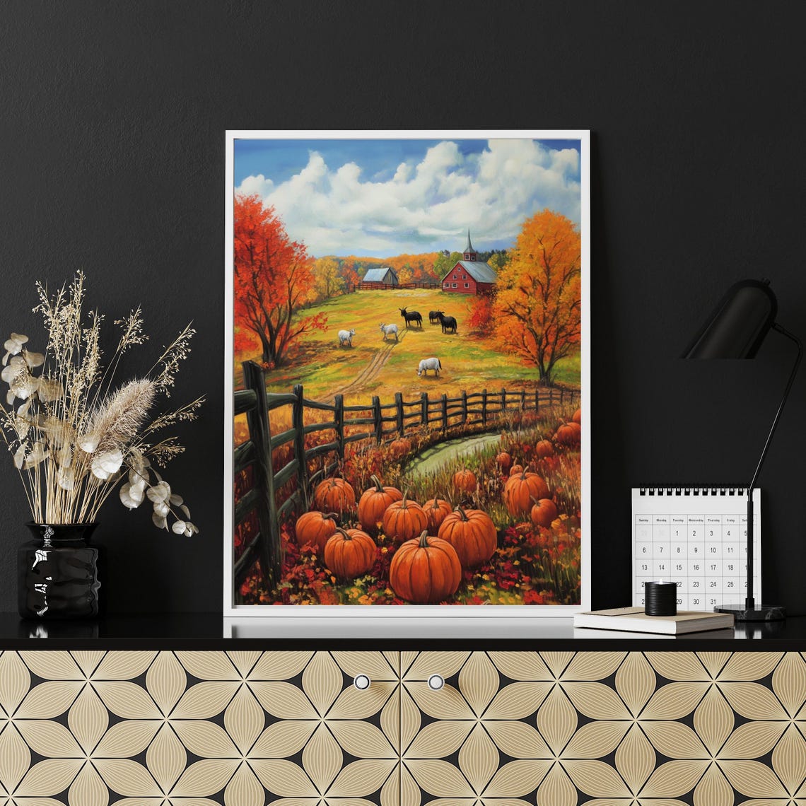 Autumn Farm with Red Barn Cows and Pumpkins Fall Painting Poster - Image 6