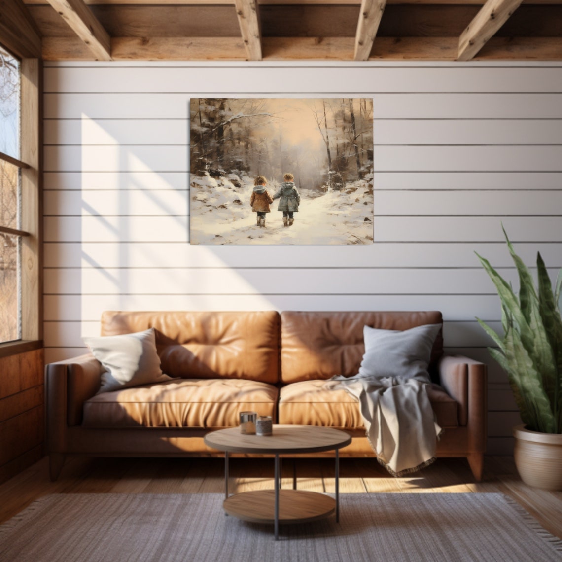 Two Children Snowy Forest Golden Hour Winter Painting Poster - Image 6