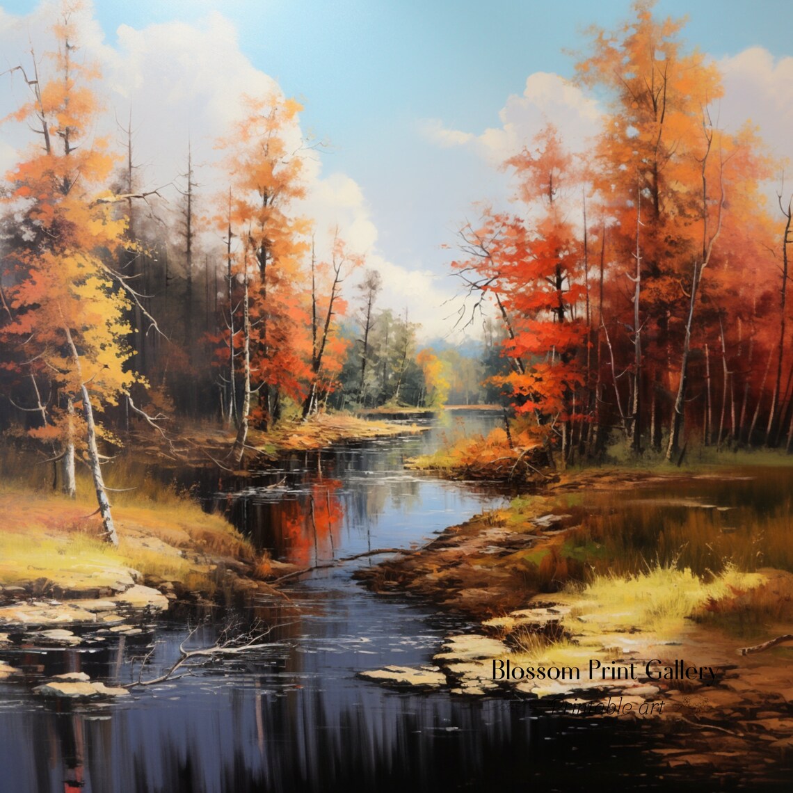 Autumn River Through Fiery Orange Forest Vintage Landscape Painting Poster - Image 3