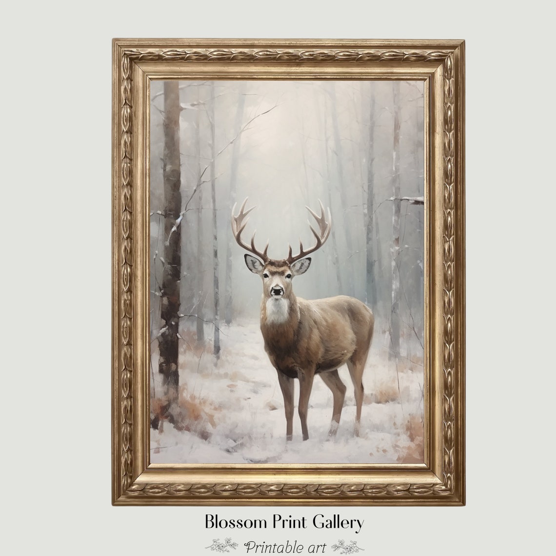 White Tailed Deer Stag Snowy Forest Winter Wildlife Art Poster