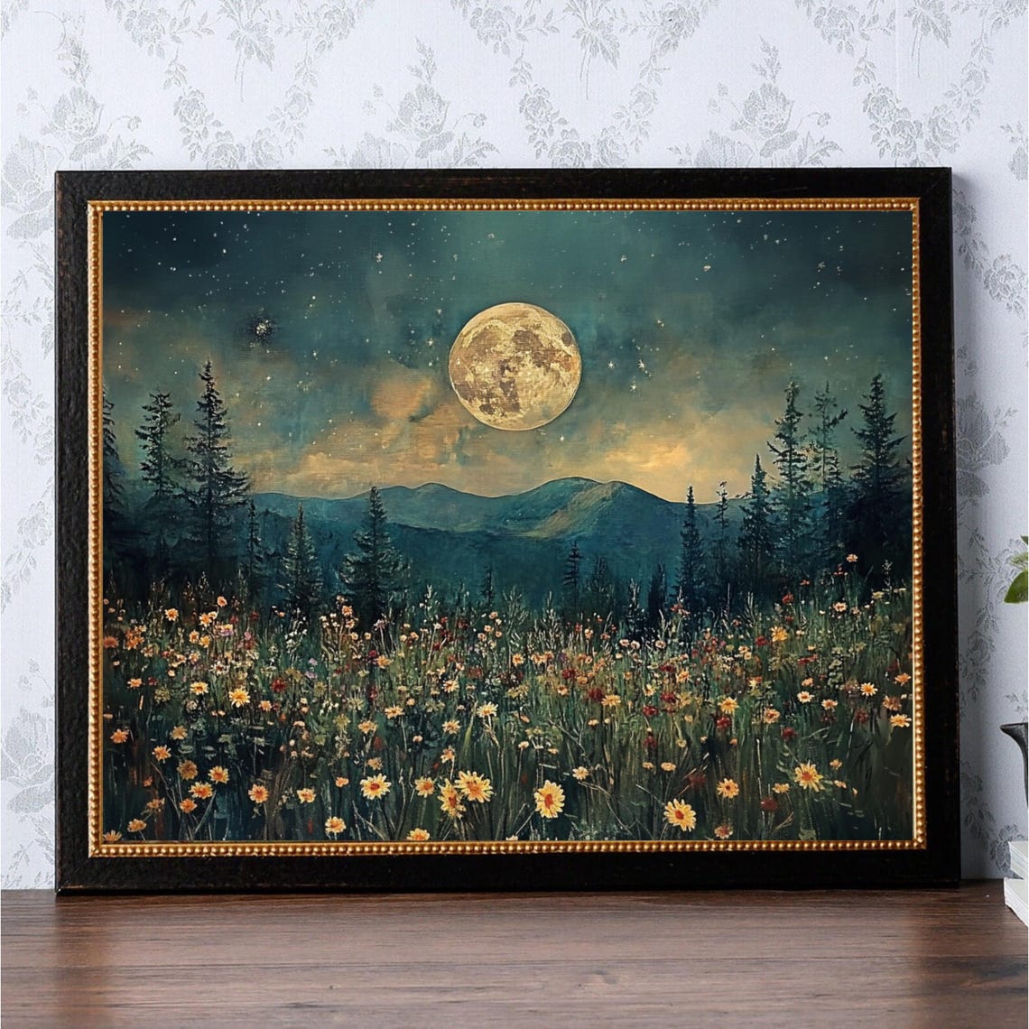 Midnight Meadow Full Moon Starry Night Sky Wildflower Scenery Poster - Image 2