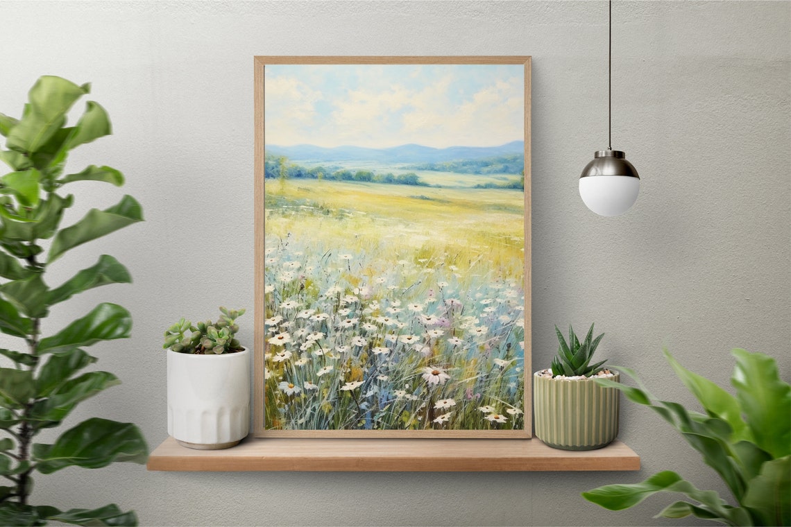White Wildflower Meadow Landscape Oil Painting Vintage Farm House Summer Country Field Neutral Painting Art - Image 6