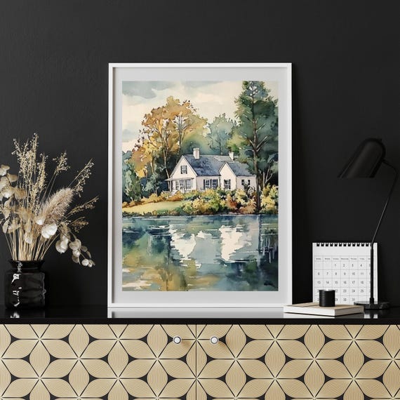 Watercolor Countryside Painting Lake House Landscape Wall Art Living Room Decor Farmhouse Print Cottagecore Countryside 672