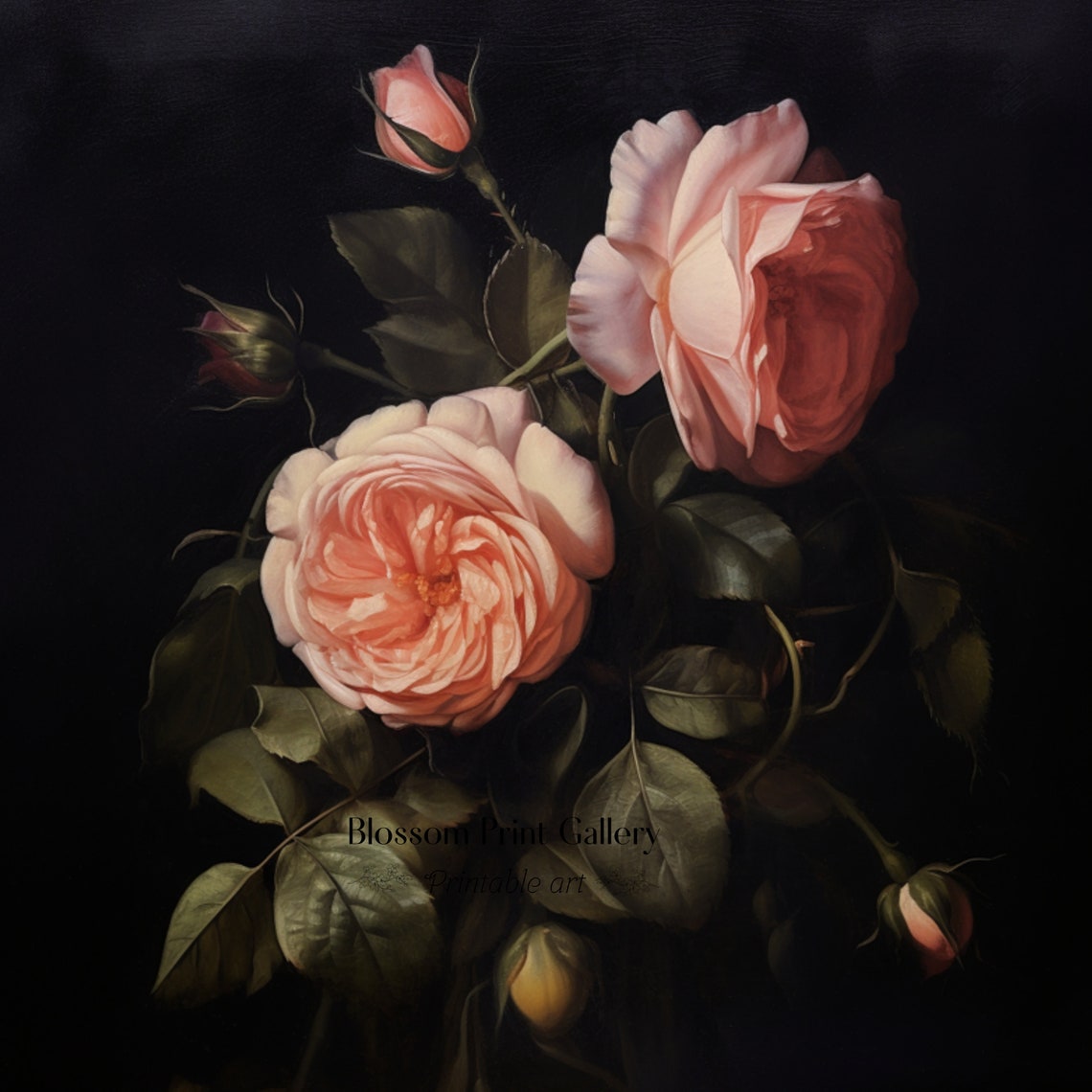 Moody Pink Roses On Black Dark Academia Floral Painting Poster - Image 2