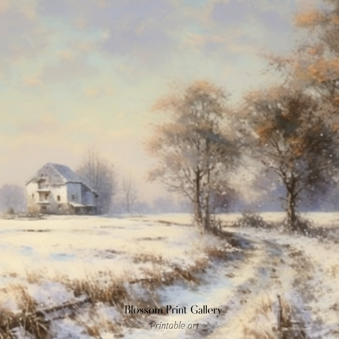 Snowy Farmhouse Landscape with Winding Path Winter Painting Poster - Image 3