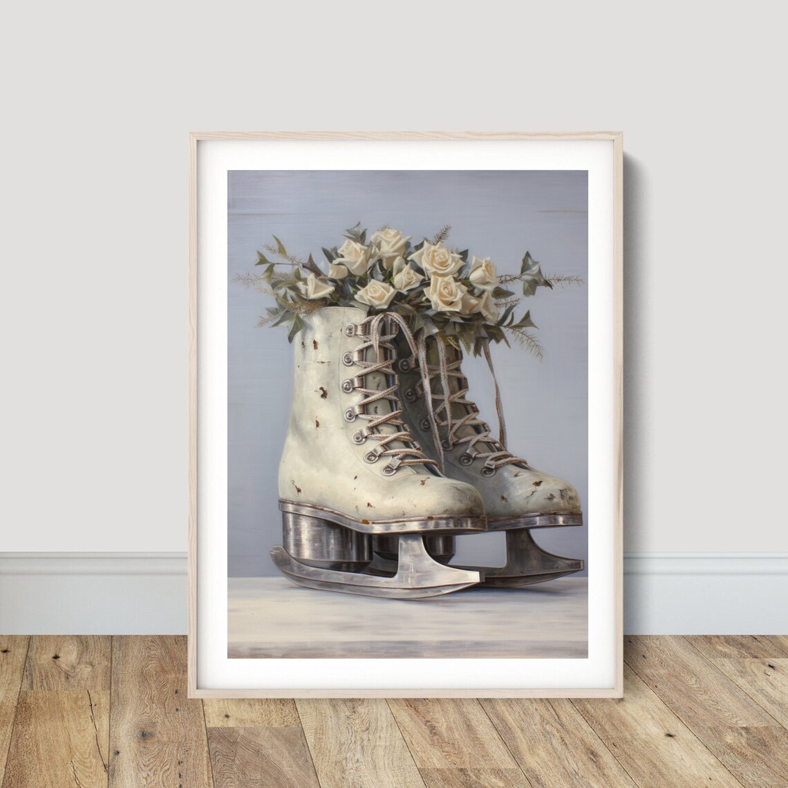 Vintage White Ice Skates with Roses Winter Still Life Painting Poster - Image 5