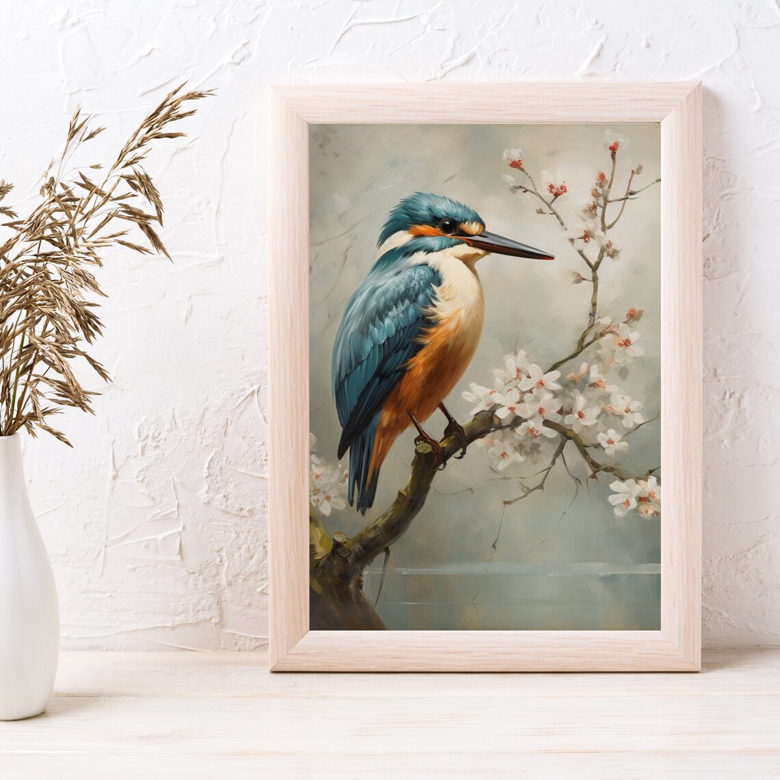 Kingfisher On Cherry Blossom Branch Vintage Bird Painting Poster - Image 3