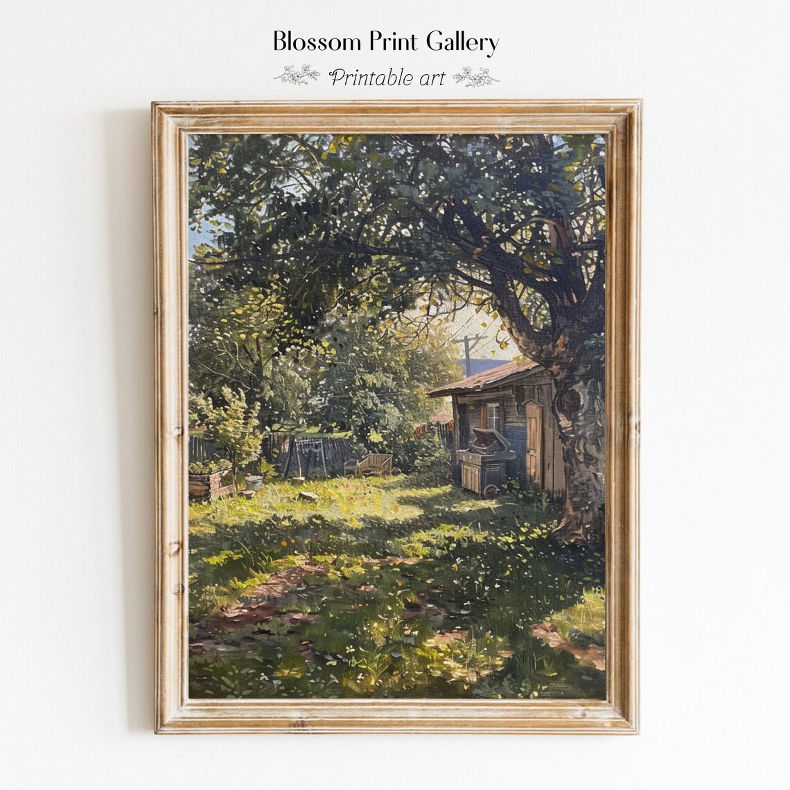 Sunlit Country Garden with Rustic Cabin under Big Tree Painting Poster