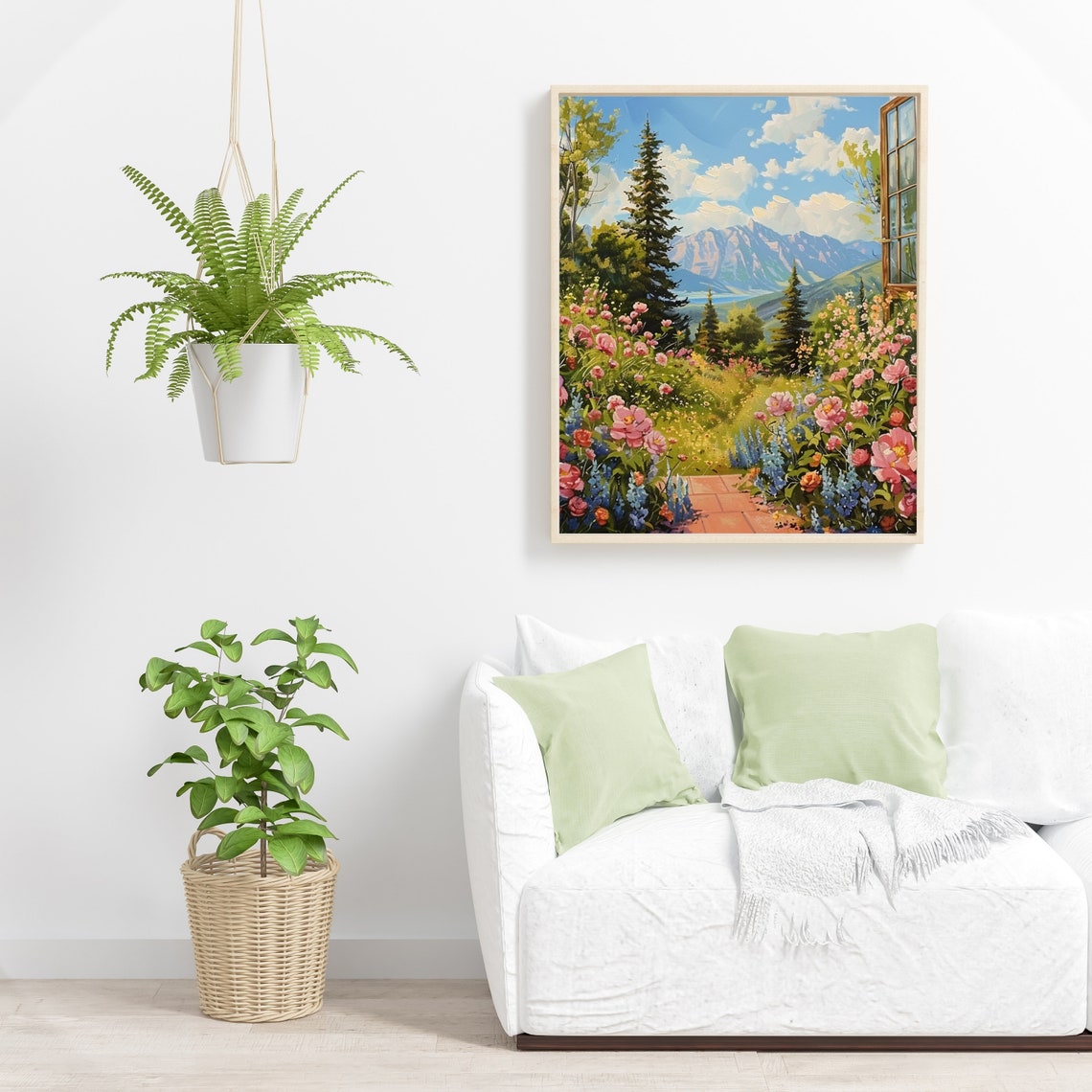Garden Window Mountain View Pink Peony Summer Landscape Poster - Image 5