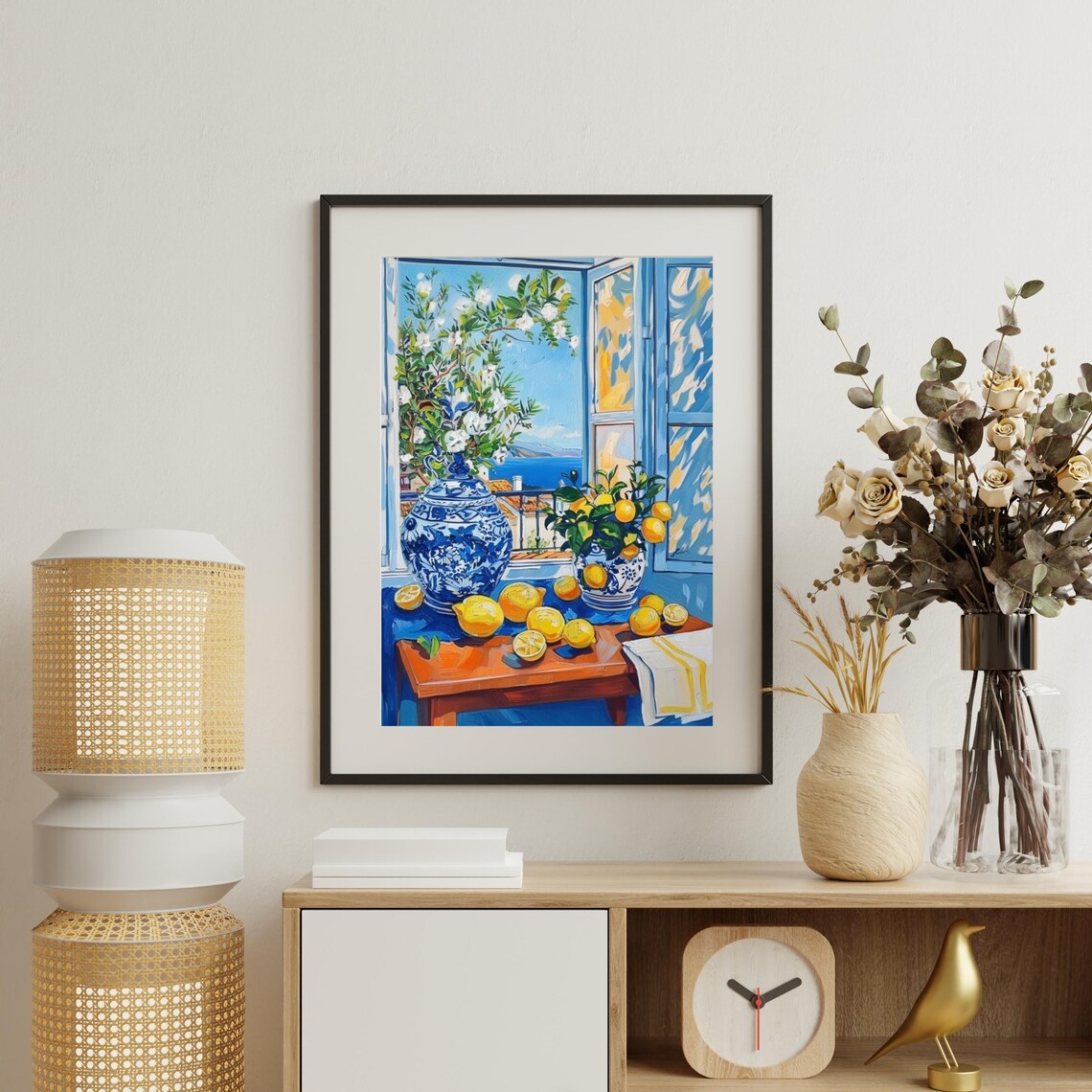 Mediterranean Window View with Lemons Blue Shutters Impressionist Poster - Image 2