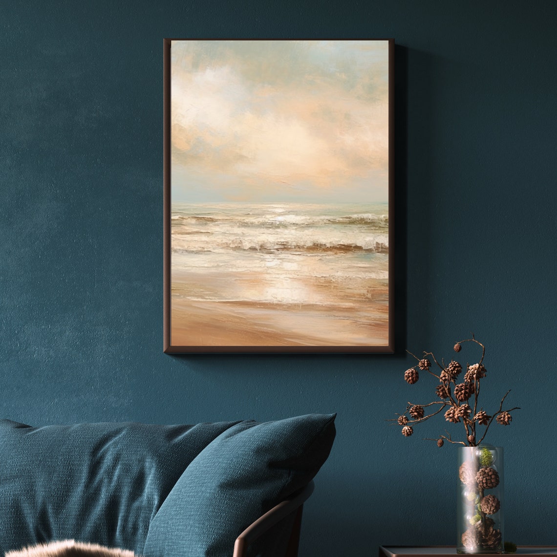Soft Sandy Beach Waves under Cloudy Sky Coastal Painting Poster - Image 4
