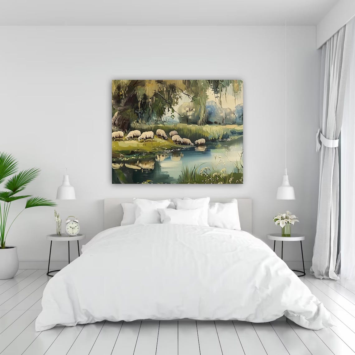 Peaceful Sheep Grazing By Pond Pastoral Oil Landscape Poster - Image 4