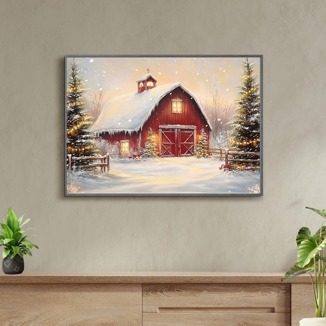 Snowy Red Barn Glowing Christmas Lights Winter Farm Art Poster - Image 4