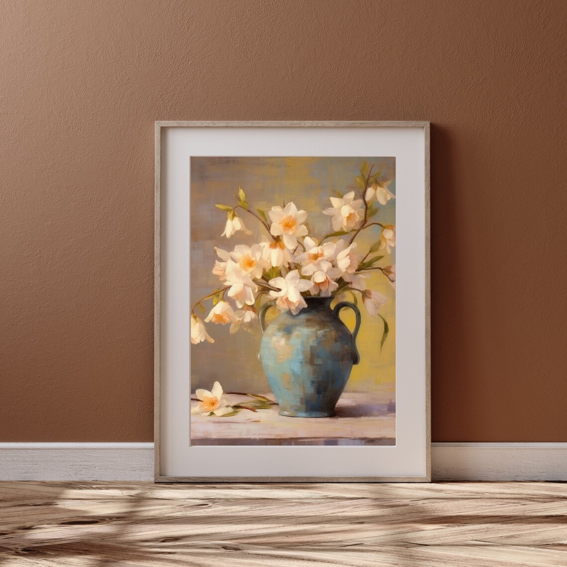 White Daffodils in Blue Vase Vintage Still Life Floral Oil Painting Poster - Image 5