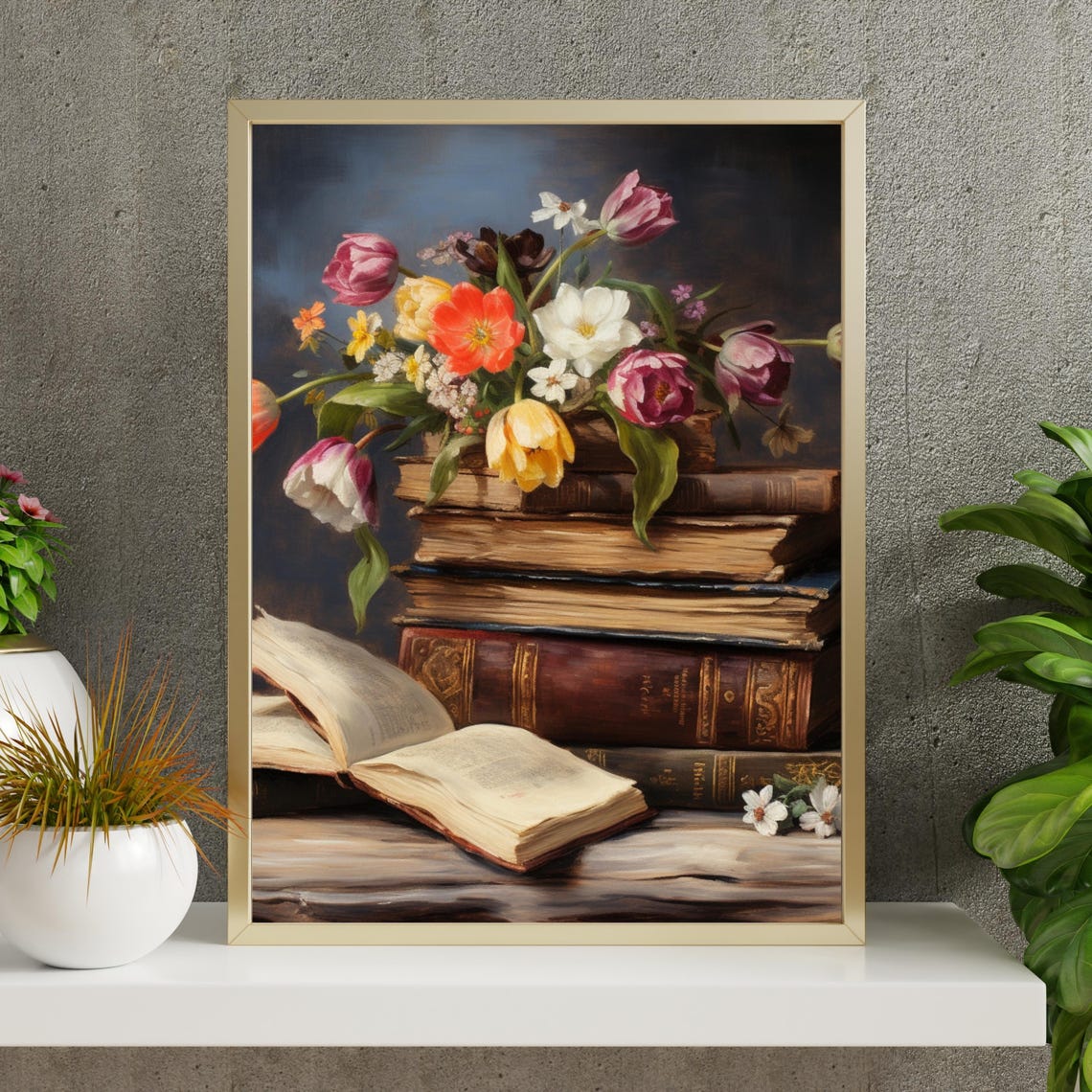 Antique Books with Blooming Tulips Dark Academia Still Life Poster - Image 6