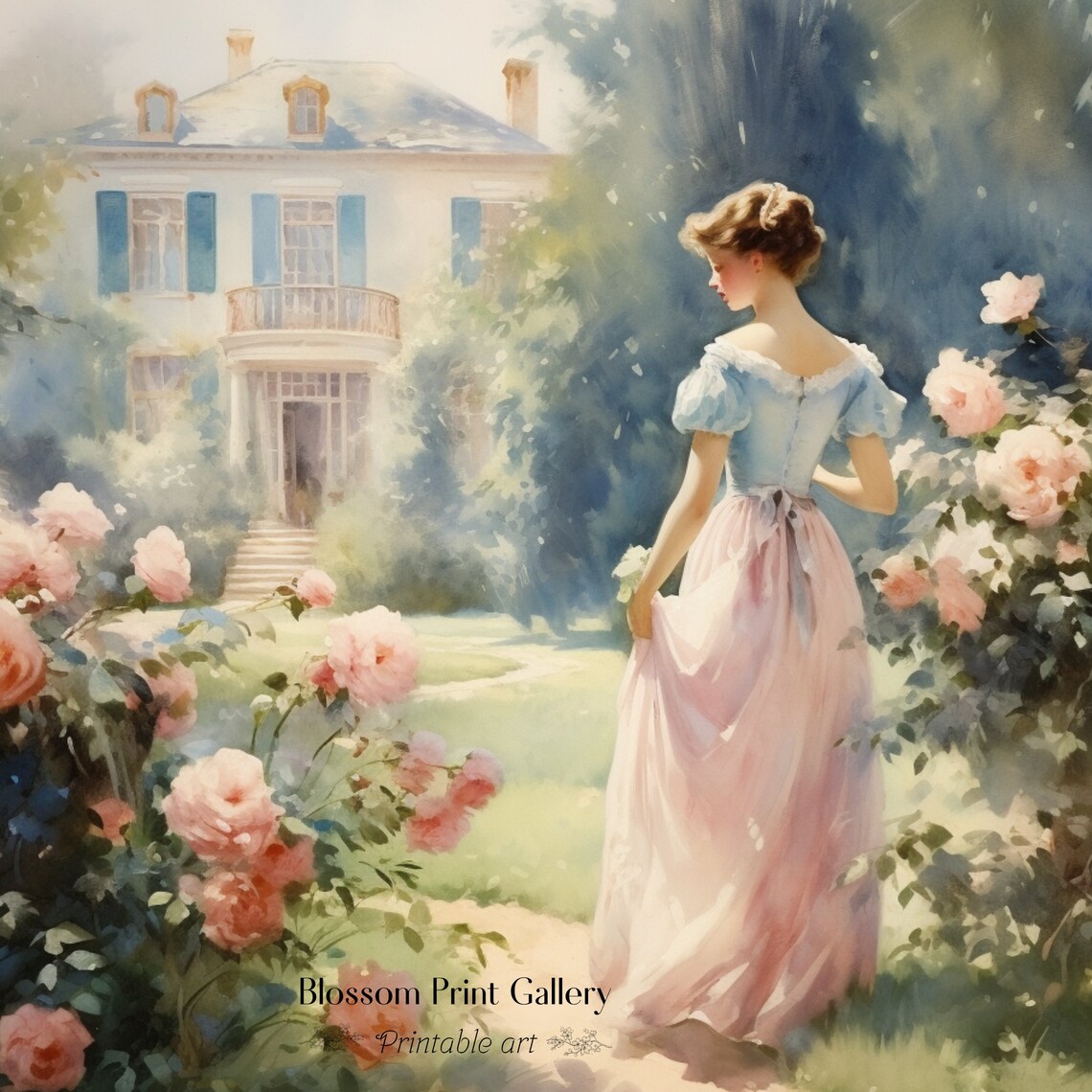 Elegant Lady In Rose Garden By Country Manor Vintage Painting Poster - Image 3