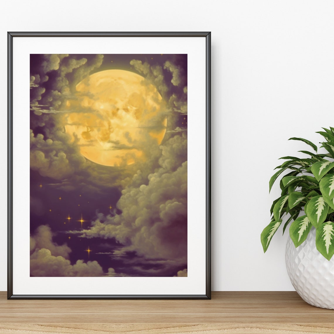 Golden Full Moon Shining Through Clouds Starry Night Painting Poster - Image 5