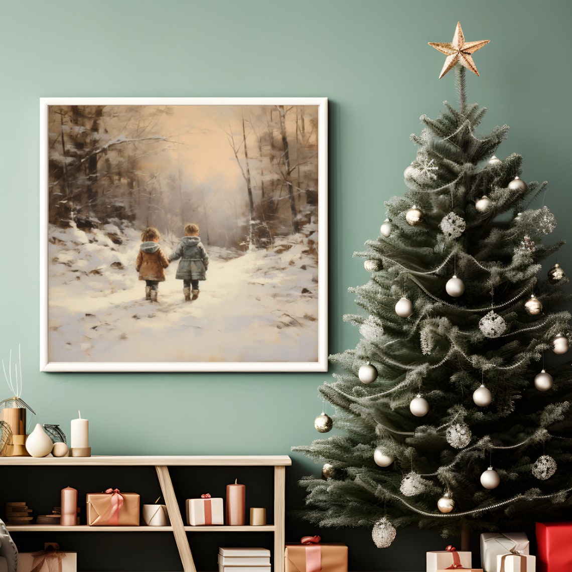 Two Children Snowy Forest Golden Hour Winter Painting Poster - Image 4