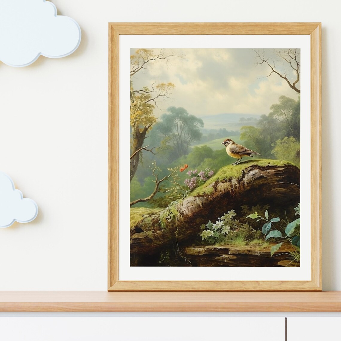Songbird On Mossy Log Lush Green Forest Valley Painting Poster - Image 3