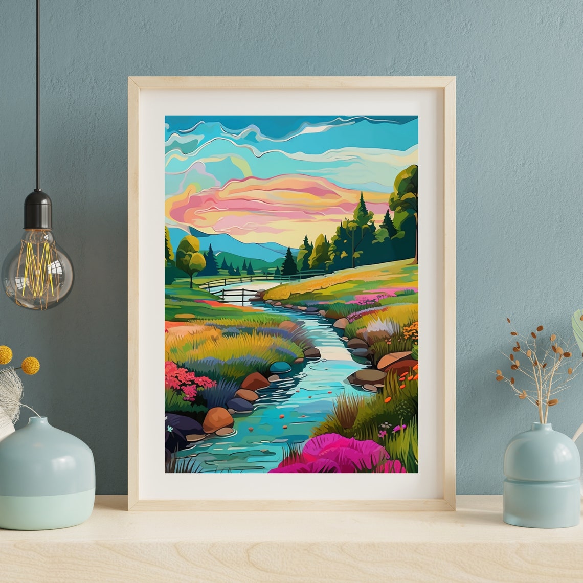 Colorful Sunset Stream Whimsical Forest River Landscape Poster - Image 2
