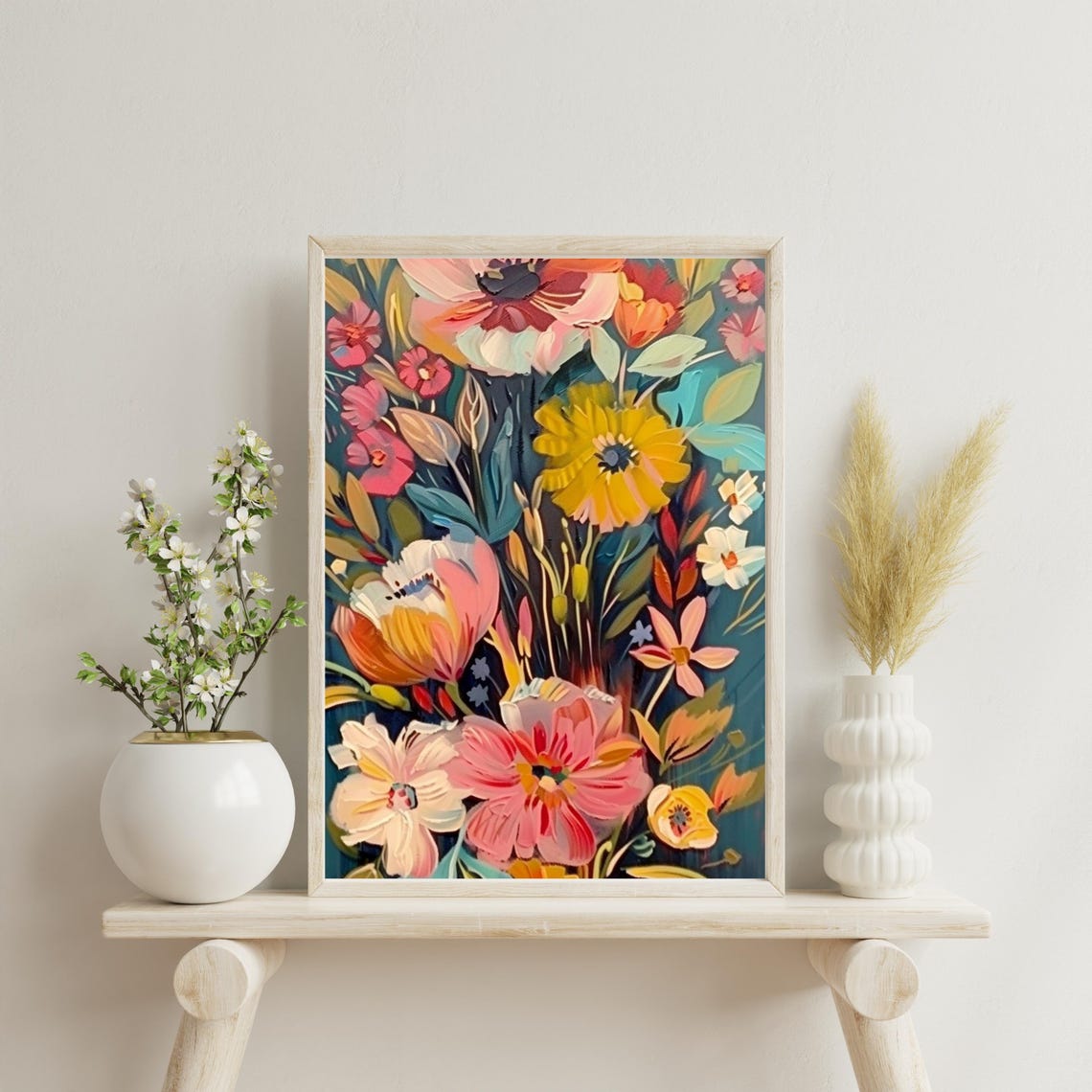 Bold Modern Floral Painting With Colorful Boho Blooms Wall Art - Image 2