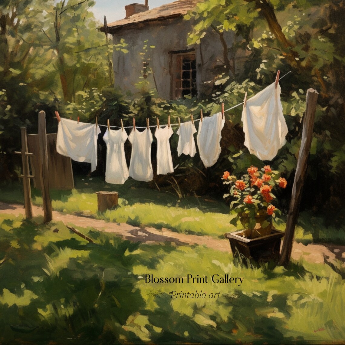 White Laundry Drying On A Clothesline In A Sunny Garden Painting Poster - Image 3