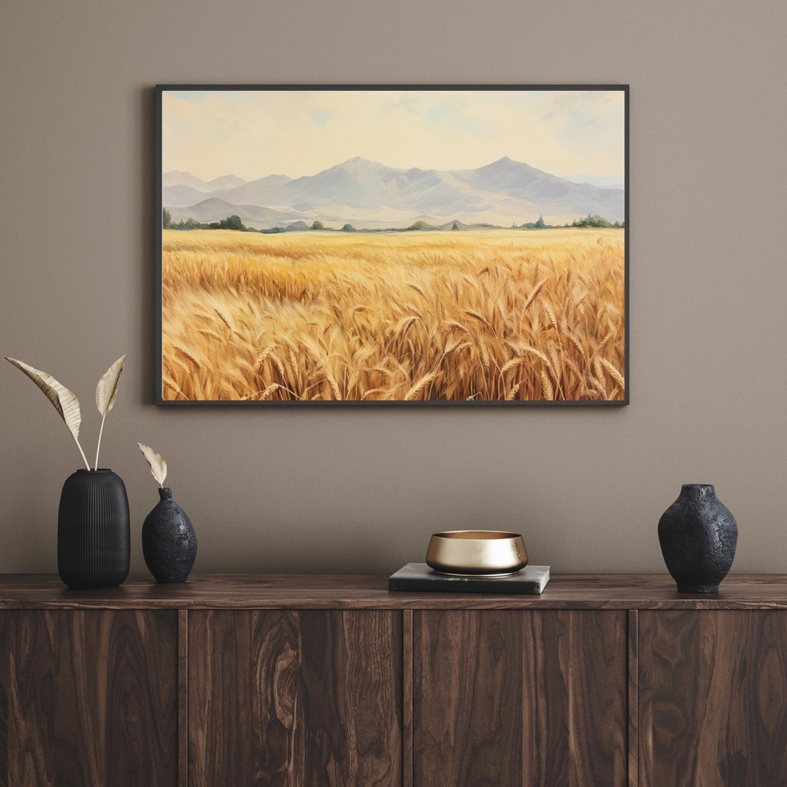 Golden Wheat Field With Mountains Farmhouse Landscape Poster - Image 5