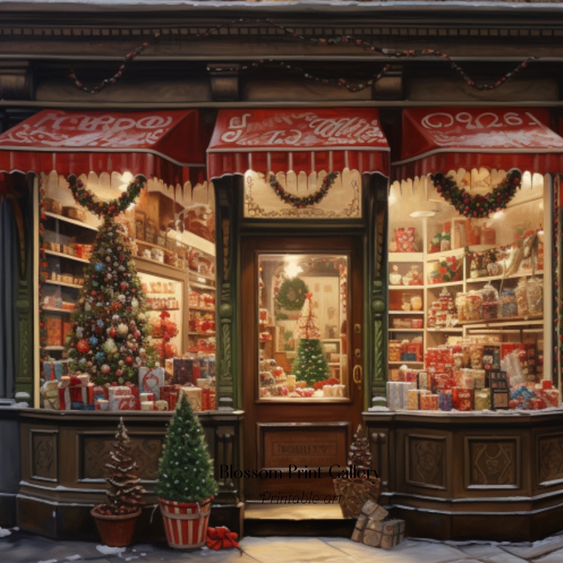 Vintage Christmas Storefront with Red Awnings Holiday Poster - Image 3