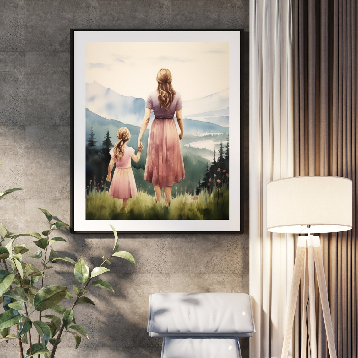 Mother and Daughter Overlooking Mountains Watercolor Painting Poster - Image 5