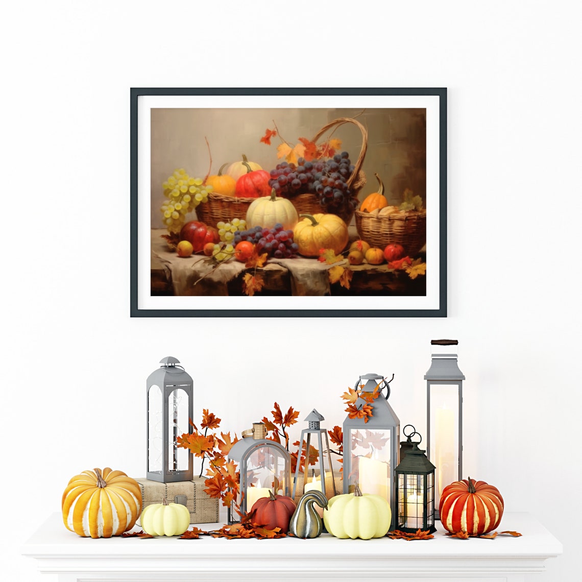 Harvest Still Life with Grapes Pumpkins and Baskets Painting Poster - Image 5