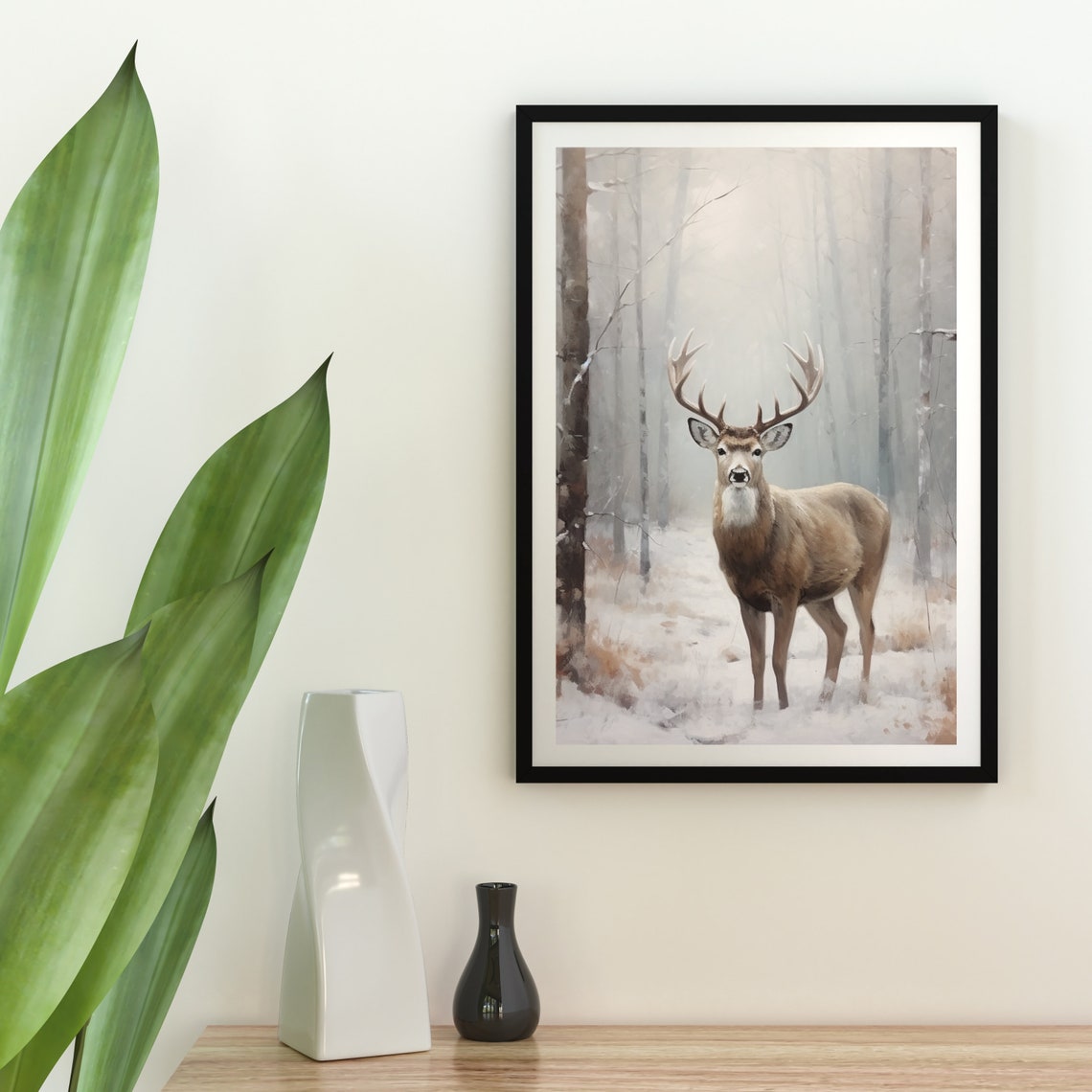 White Tailed Deer Stag Snowy Forest Winter Wildlife Art Poster - Image 5