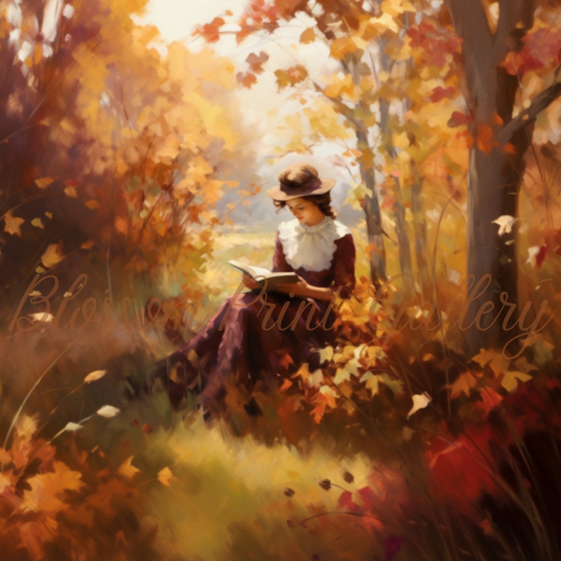 Book Lover Woman Reading in Golden Autumn Forest Painting Poster - Image 3