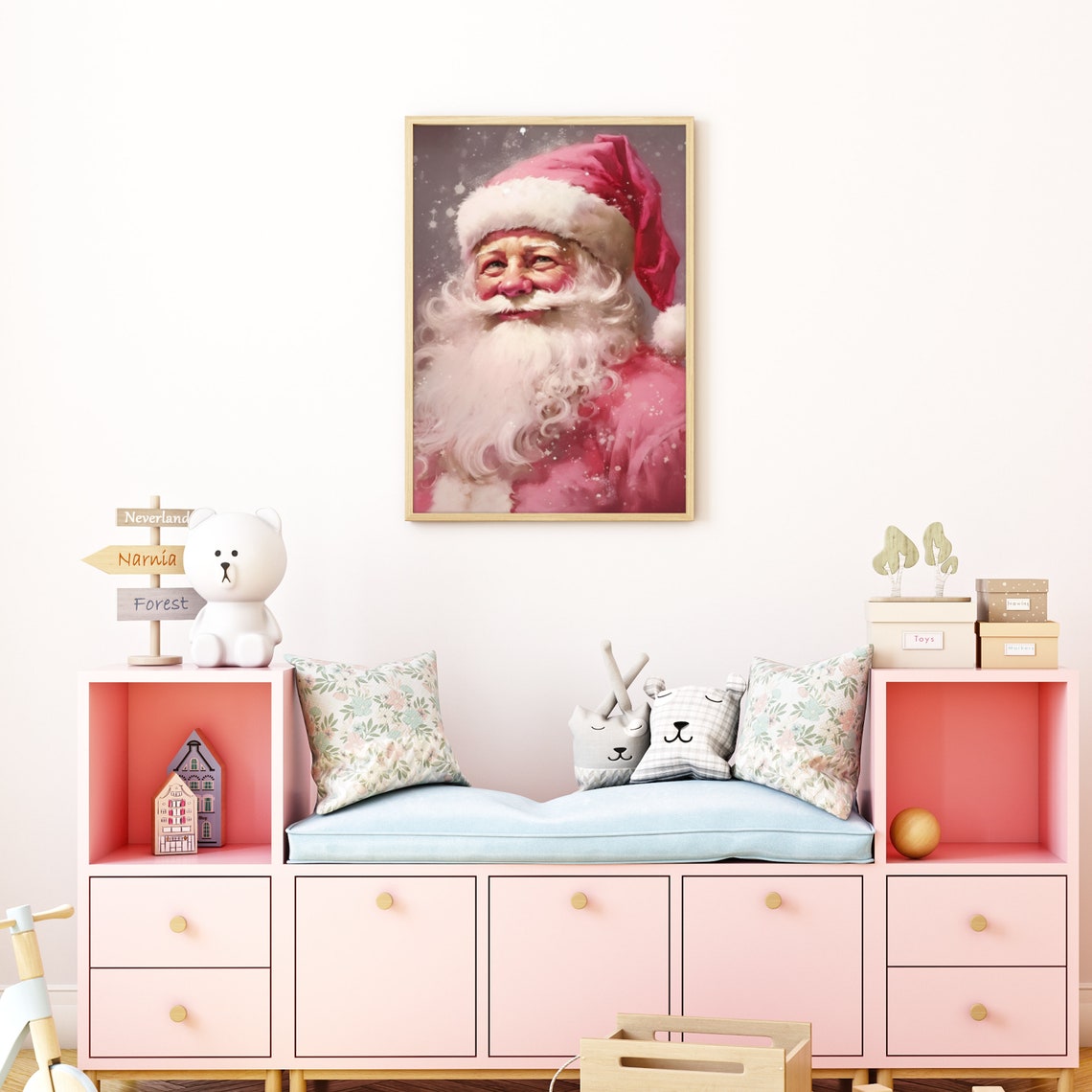 Pink Santa Claus Whimsical Christmas Portrait Painting Poster - Image 5
