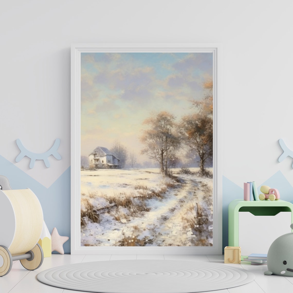 Snowy Farmhouse Landscape with Winding Path Winter Painting Poster - Image 4