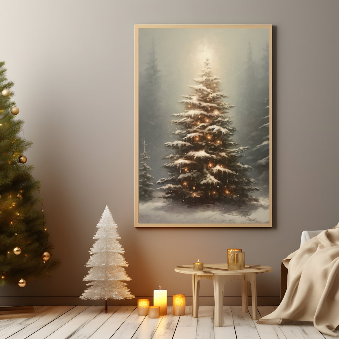 Snowy Pine Tree with Warm Lights Vintage Winter Landscape Poster - Image 4