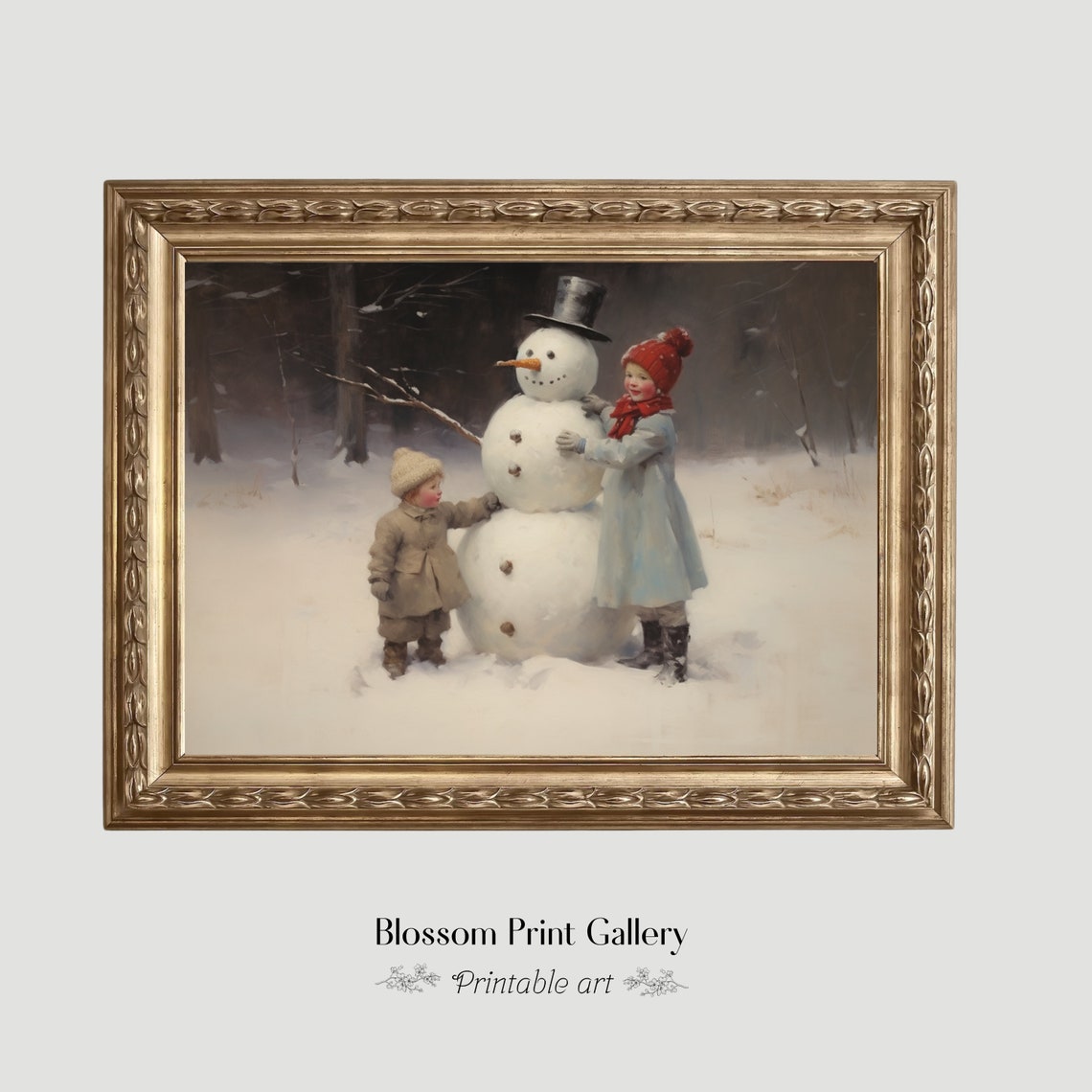 Children Building Snowman Winter Forest Vintage Holiday Poster