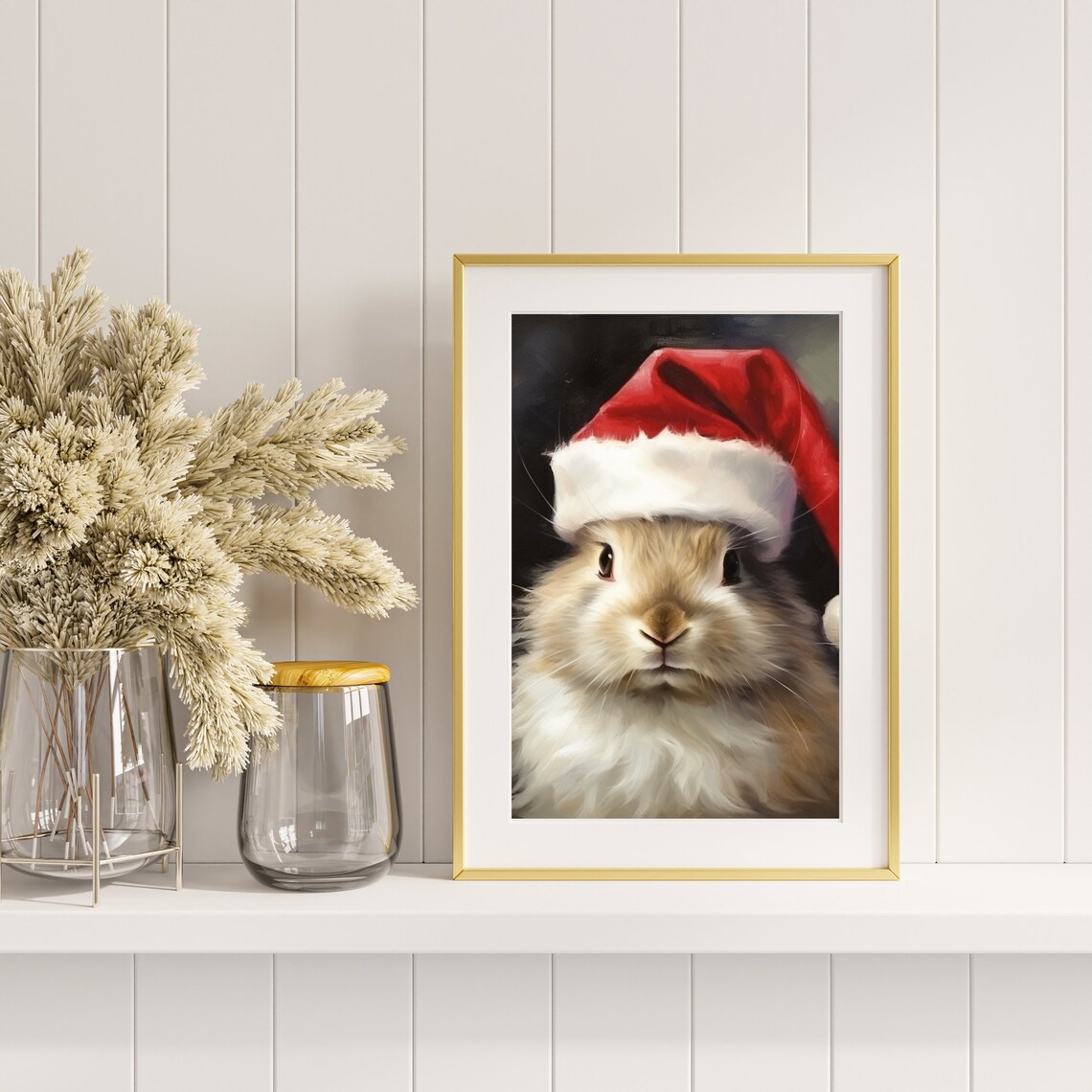 Cute Bunny in Santa Hat Christmas Animal Portrait Painting Poster - Image 5