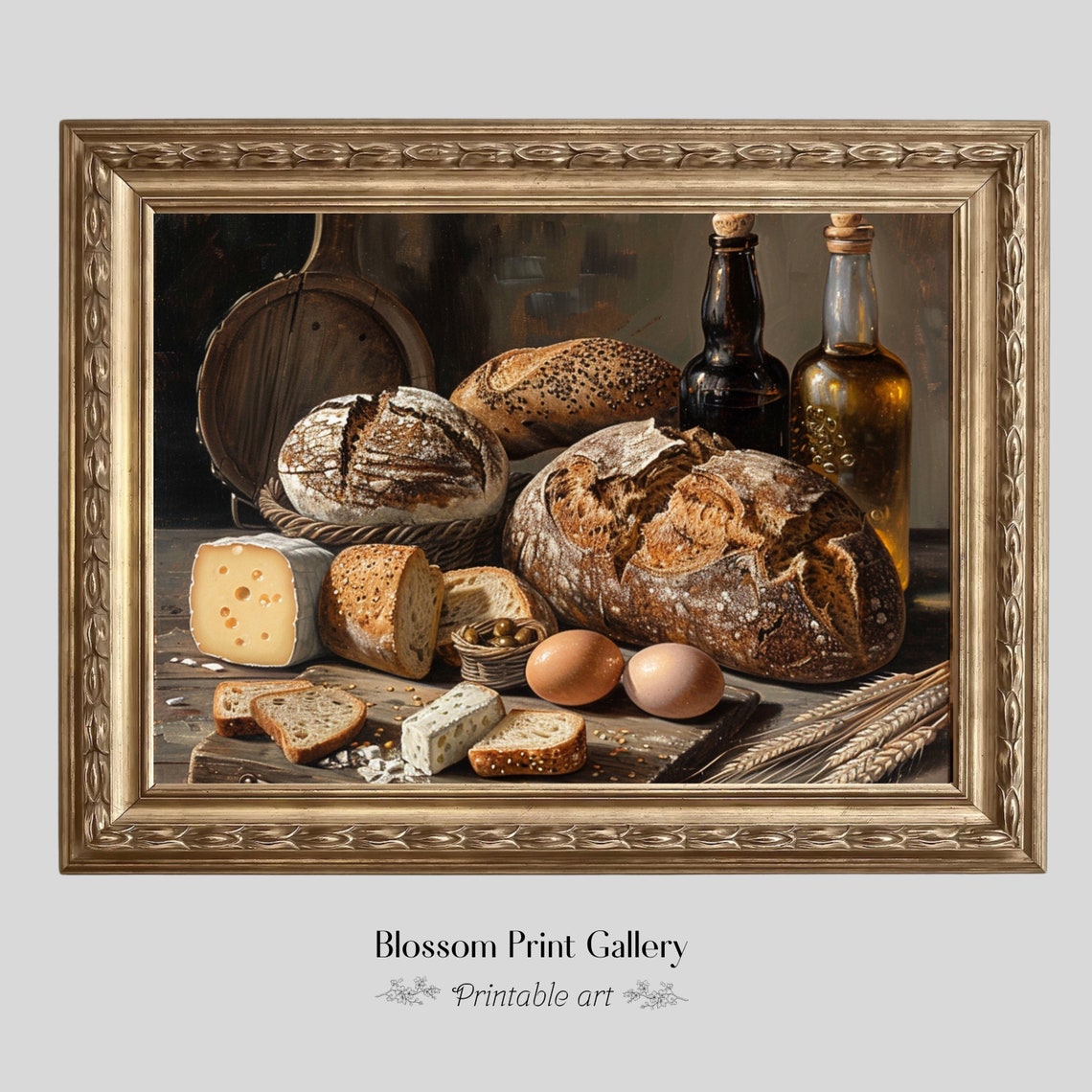 Rustic Bread Cheese Eggs Still Life Vintage Kitchen Painting Poster