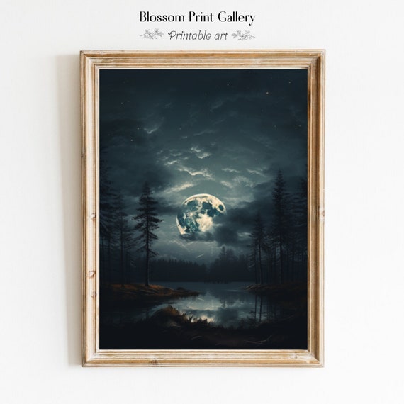Night Sky Art Star Celestial Moody Landscape Painting Wall Art Night Landscape Art Dark Academia Night Landscape 606